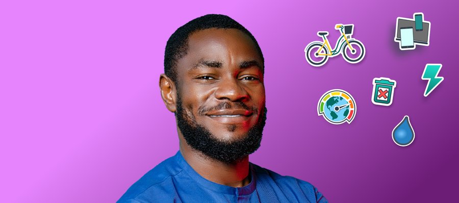 Un collaborateur souriant, entouré des icônes du vélo, du numérique, de l'énergie, des déchets et de l'eau.