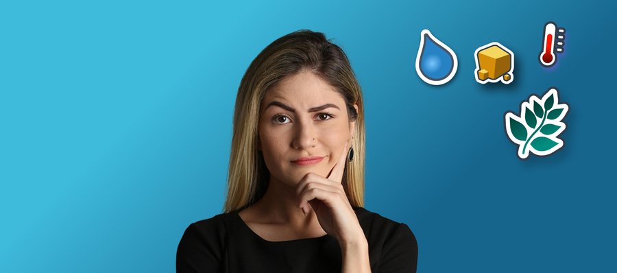 Une personne réfléchit, entourée des icônes de l'eau, des matériaux, du climat et du vivant.