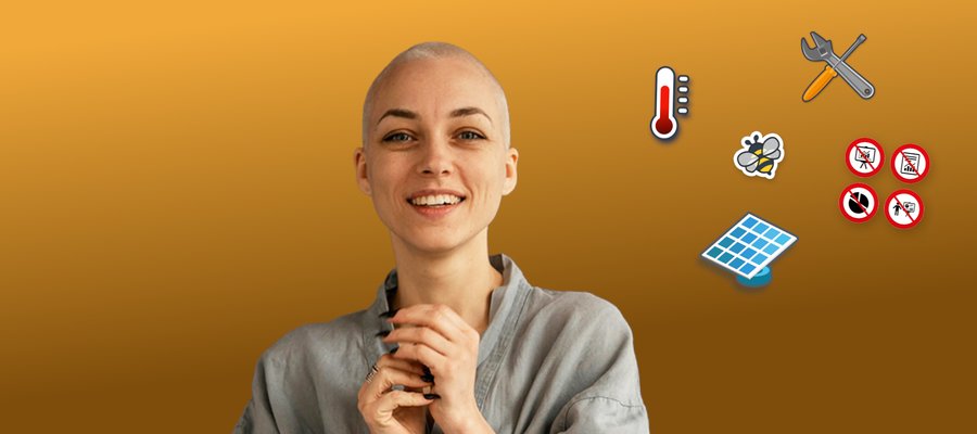 Une dirigeante souriante, entourée des icônes du thermomètre, des outils, du solaire et du vivant.